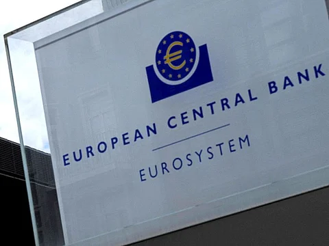 The sign of the European Central Bank (ECB) in Frankfurt am Main, western Germany.