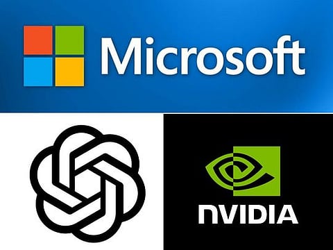 The logos of Microsoft, Nvidia and OpenAI
