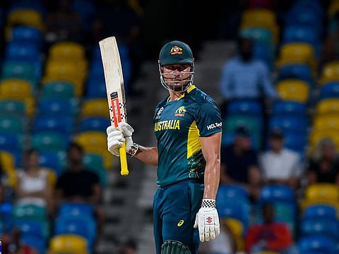 Australia's Marcus Stoinis celebrates after scoring a half-century against Oman in the Twenty20 World Cup.