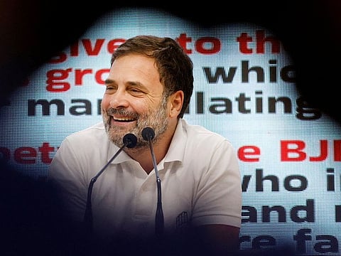 Rahul Gandhi reacts during a recent media briefing at the party headquarters in New Delhi