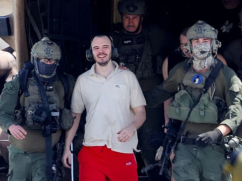 Andrey Kozlov, a released hostage reacts, after the military said that Israeli forces have rescued four hostages alive from the central Gaza Strip on Saturday, in Ramat Gan, Israel on June 8, 2024. 