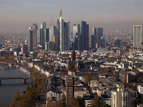 File picture: The Frankfurt skyline is seen from the meeting room of the European Central Bank (ECB) council meeting room on the 41st floor at the construction site of the new headquarters of the ECB during a guided media tour in Frankfurt.