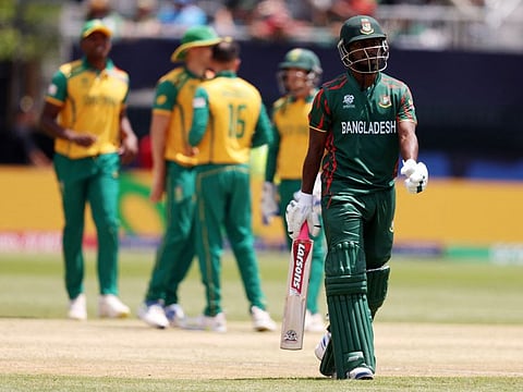 Jaker Ali Anik of Bangladesh makes his way off after being dismissed during the ICC Men's T20 Cricket World Cup against South Africa at Nassau County International Cricket Stadium on Monday.