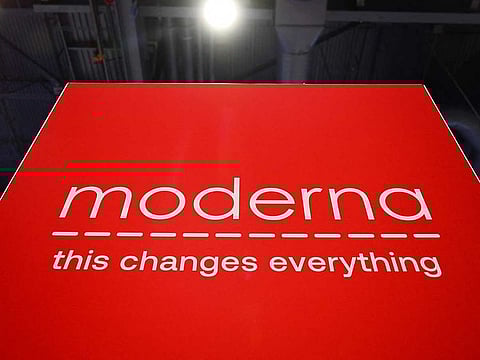 The Moderna, Inc. logo is displayed during the Consumer Electronics Show (CES) in Las Vegas, Nevada, on January 5, 2023. 