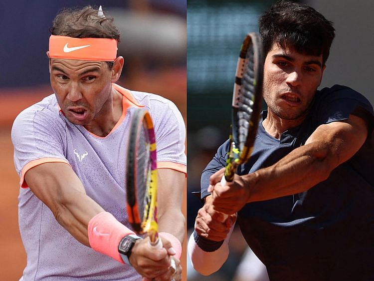 Rafael Nadal (left) and Carlos Alcaraz in action.