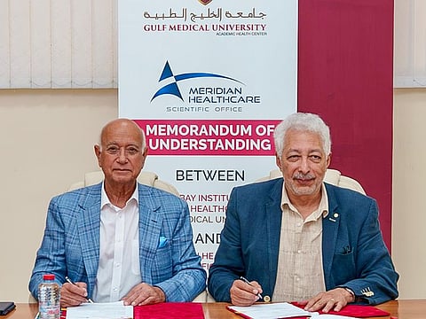 From left: Professor Hossam Hamdy, Chancellor, Gulf Medical University, and Prof. Ahmed ElSerafi, CEO of Meridian Health Care during the signing of the MoU