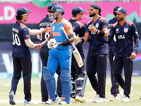Players exchange handshakes after the Group A match between India and USA in the ICC T20 Cricket World Cup 2024, at Nassau County International Cricket Stadium in New York on Wednesday. 