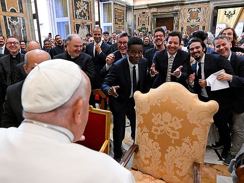 Pope Francis meets with comedians during a cultural event at the Vatican, on June 14, 2024. 
