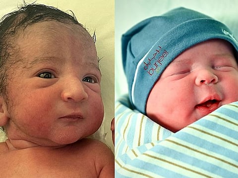 Baby boy of Shalaka Alias Sharmila (left) and baby Humam were born at the stroke of midnight at Aster Hospital Mankhool in Dubai and Burjeel Hospital, Abu Dhabi respectively. 