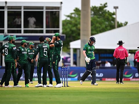Ireland's George Dockrell (C) walks out after being dismissed during the ICC men's Twenty20 World Cup 2024 group A cricket match between Pakistan and Ireland at Central Broward Park & Broward County Stadium in Lauderhill, Florida on June 16, 2024. 