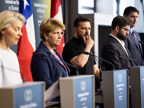President of the European Commission Ursula von der Leyen (left), Swiss Federal President Viola Amherd, Ukraine's President Volodymyr Zelensky, Chile's President Gabriel Boric and Canadian Prime Minister Justin Trudeau address the closing press conference of the Summit on peace in Ukraine, at the luxury Burgenstock resort, near Lucerne, on June 16, 2024.  