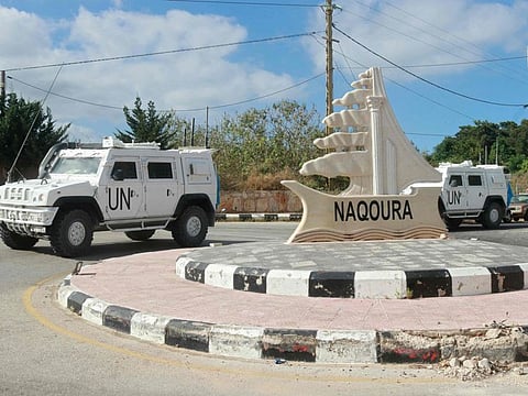 Unifil (United Nations Interim Force in Lebanon) armoured vehicles patrol on the entrance of the southern Lebanese town of Naqoura near the border with Israel on June 17, 2024, amid ongoing cross-border clashes between Israeli troops and Hezbollah fighters.  