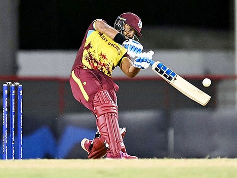 West Indies' Nicholas Pooran plays a shot during the ICC men's Twenty20 Cricket World Cup 2024 group C cricket match against Afghanistan at Daren Sammy Cricket Ground in Gros Islet, St. Lucia, on June 17, 2024. 