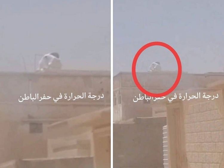 “The temperatures in Hafr Al Batin are soaring. Look at how the water tank has melted,” a commentator in the video remarks. 