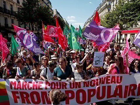 Mathilde Panot, of the French far-left opposition party La France Insoumise (France Unbowed - LFI), attends a demonstration organised by feminist organisations to protest against the French far-right National Rally (Rassemblement National - RN) party, ahead of upcoming French parliamentary elections, in Paris, on June 23, 2024.  