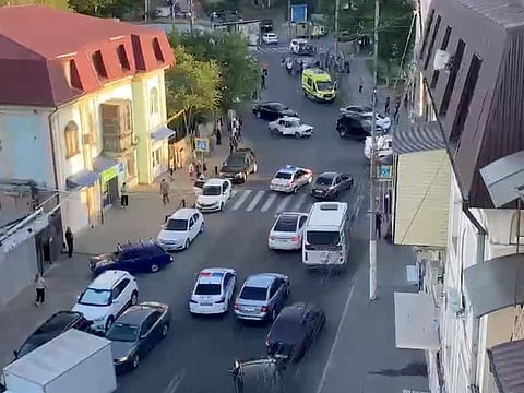 A view shows emergency service vehicles on the street of Makhachkala, Dagestan, in southern Russia, June 23, 2024, in this still image obtained from a video