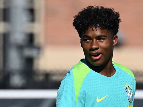 Brazil's forward Endrick takes part in a training session one day before the Conmebol 2024 Copa America tournament Group D match against Costa Rica.
