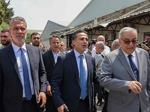 (From left) Lebanon's Ministers of Tourism Walid Nassar, Public Works and Transportation Ali Hamiyeh, and Foreign Affairs Abdallah Bou Habib take part in a tour for Lebanese and International media outlets in Beirut's international airport on June 24, 2024.  