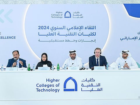 Dr Faisal Alayyan (centre) addresses the press conference with Sumaya Abdulaziz Al Hosani (to his right) and Dr Luc Verburgh (to his left) and other HCT representatives in Dubai on Tuesday