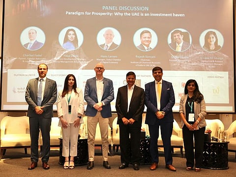 From left to right, Charbel Fadel, Partner, Galadari Advocates & Legal Consultants; Haya Daye, Business Development Manager, Shuraa Management & Consultancy; Hans Larsen, Manager, Dubai Chamber of Digital Economy; Rajesh Somani, Chairman at the Institute of Chartered Accounts of India in UAE (ICAI); Micky Bhatia, Founder, Elevate Trips; and Vinaya M George, Commercial & Business Development Manager, KEZAD
