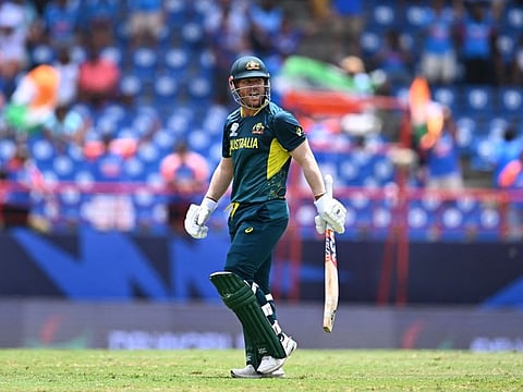 Australia's David Warner reacts after getting dismissed during the ICC men's Twenty20 World Cup 2024 Super Eight match against India.