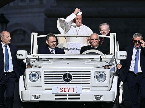 Pope Francis on the popemobile at the end of the weekly general audience on June 26, 2024 at St Peter's square in The Vatican.  
