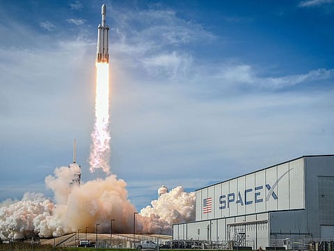 A SpaceX Falcon Heavy rocket carrying the National Oceanic and Atmospheric Administration's (NOAA) weather satellite Geostationary Operational Environmental Satellite U (GOES-U) lifts off from Launch Complex 39A at NASA’s Kennedy Space Center, Florida, June 25, 2024. 
