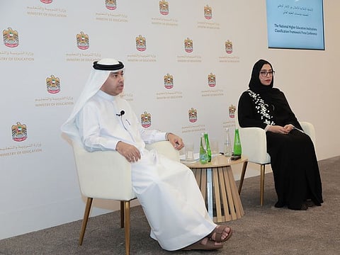 Dr Mohammad Al Mualla, Undersecretary for Higher Education Academic Affairs at the Ministry of Education, and Dr. Sameera Almulla, Acting Assistant Undersecretary for the Curriculum Sector and Director of Certificate Equivalency Department at the Ministry of Education, announcing the new national framework for classification of higher education in the UAE.