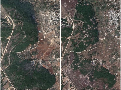 A combination picture of a satellite image (left) of woodland by the Lebanese village of Aita Al Shaab near the Israeli border, taken on October 23, 2023, and the same area (right) showing marks following months of ongoing cross-border hostilities between Hezbollah and Israeli forces, in Lebanon June 5, 2024.  