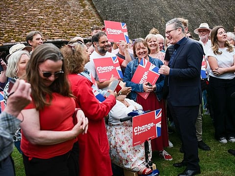 Keir Starmer, leader of the Labour Party, during a general election campaign event at outside The Shoulder of Mutton pub in Little Horwood, UK, on Monday, July 1, 2024.  