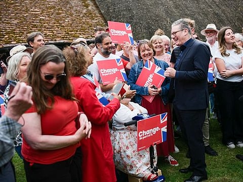 Keir Starmer, leader of the Labour Party, during a general election campaign event at outside The Shoulder of Mutton pub in Little Horwood, UK, on Monday, July 1, 2024.  