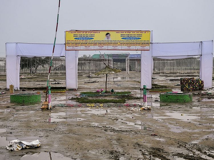 A view of the Hathras stampede site which left 121 people dead during a ‘Satsang’ (congregation), at Phulrai village in Hathras on Wednesday.  