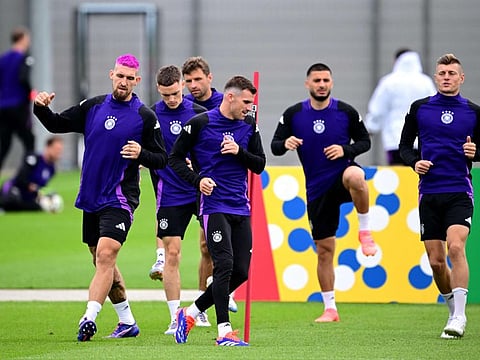 (From left) Germany's midfielder Robert Andrich, midfielder Florian Wirtz, forward Thomas Mueller and midfielder Toni Kroos take part in a MD-1 training session at the team's base camp in Herzogenaurach, on Thursday.