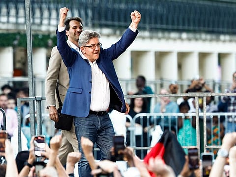 Jean-Luc Melenchon reacts during the election night of left-wing party La France Insoumise (LFI) following the first results of the second round of France's legislative election at La Rotonde Stalingrad in Paris on July 7, 2024.  