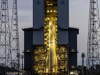 The European Space Agency (ESA) satellite launcher Ariane 6 rocket is seen prior to its maiden launch at the Guiana Space Centre in Kourou, French Guiana.