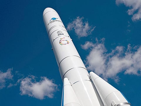 An Ariane 6 launcher is on display at the entrance of the 73rd International Astronautical Congress, held at the Paris Convention Centre in Paris, on September 18, 2022.