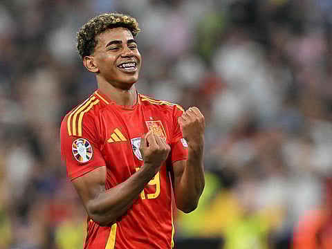 Spain's forward Lamine Yamal celebrates at the end of the UEFA Euro 2024 semi-final football match between Spain and France at the Munich Football Arena in Munich on July 9, 2024.