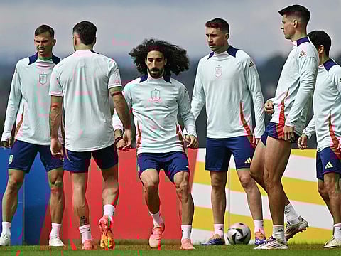 Spain's players attend an MD-1 training session at the team's base camp in Donaueschingen, on July 13, 2024, on the eve of their UEFA Euro 2024 final match against England. 
