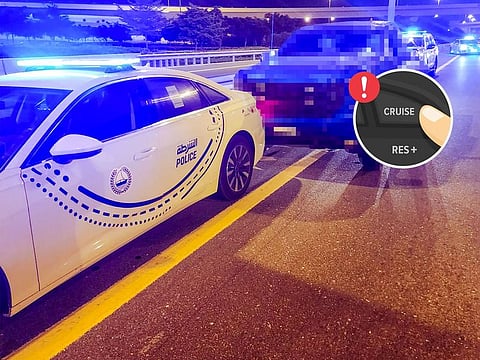 A Dubai Police traffic patrol reached the driver’s vehicle within minutes of him seeking help and, with the assistance of another patrol that had gotten ahead of it, worked to gradually bring it to a stop.