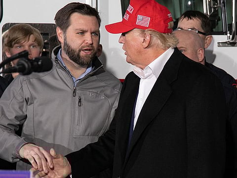 US Senator JD Vance shakes hands with former US President Donald Trump during an event in Ohio. Trump announces Ohio Senator J.D. Vance as running mate