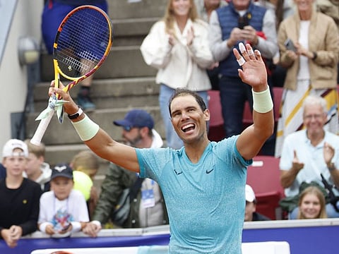 Spain's Rafael Nadal celebrates after winning his men's singles match of the ATP Nordea Open tennis tournament against Sweden's Leo Borg, in Bastad, Sweden, on Tuesday.