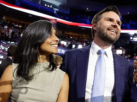  US Sen. J.D. Vance (R-OH) and his wife Usha Chilukuri Vance look on as he is nominated for the office of Vice President on the first day of the Republican National Convention at the Fiserv Forum on July 15, 2024 in Milwaukee, Wisconsin.