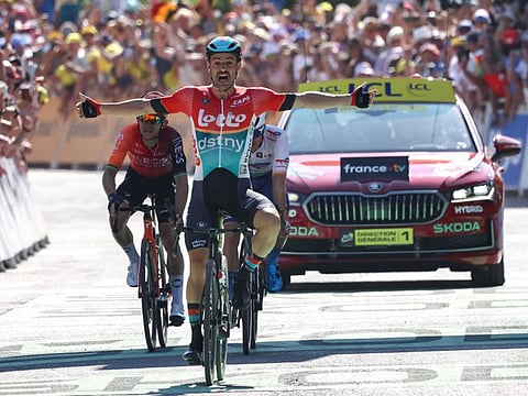 Lotto Dstny team's Belgian rider Victor Campenaerts cycles to the finish line to win the 18th stage of the 111th edition of the Tour de France cycling race, 179,5 km between Gap and Barcelonnette, in southeastern France, on Thursday.