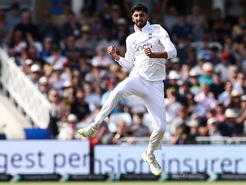 England's Shoaib Bashir celebrates taking the wicket of West Indies Alick Athanaze on the fourth day of the second Test cricket match at Trent Bridge in Nottingham on Sunday.