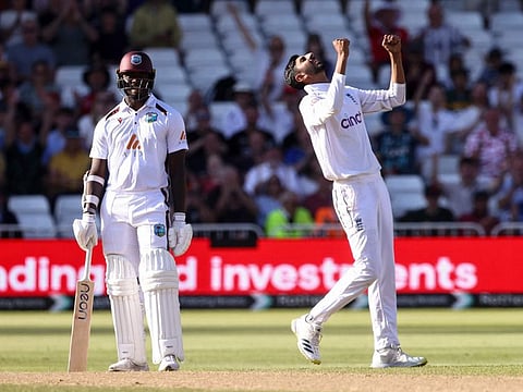 England's Shoaib Bashir celebrates the wicket of West Indies Shamar Joseph during the second Test cricket match at Trent Bridge in Nottingham on Sunday.