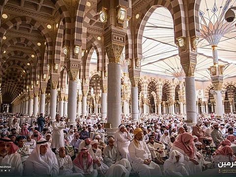 The faithful attend the group Friday prayers in the Prophet’s Mosque in Medina. 