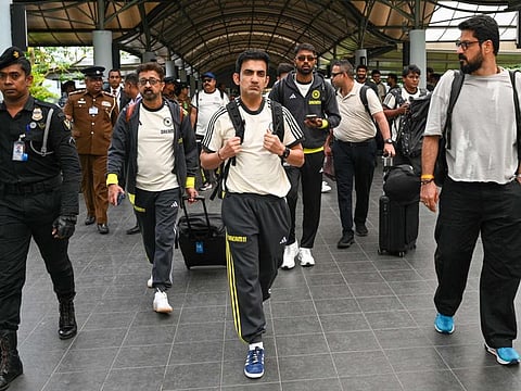 India's head coach Gautam Gambhir with other team members arrive at the Bandaranaike International Airport on Monday.