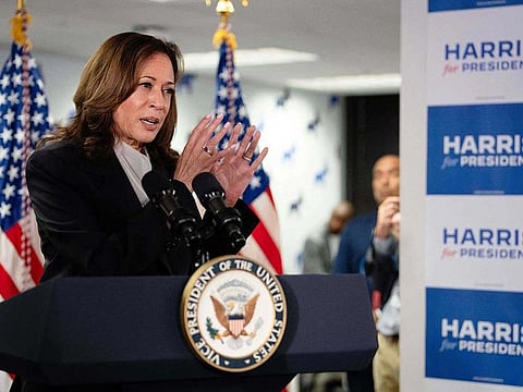 US Vice President and Democratic presidential candidate Kamala Harris speaks at her campaign headquarters in Wilmington, Delaware, on July 22, 2024. 