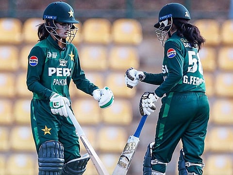 Pakistan openers Gull Feroza and Muneeba Ali congratulate each other during their match against UAE Women in the Asia Cup in Dambulla, Sri Lanka, on Tuesday.