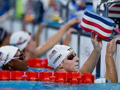 US' Katie Ledecky takes part in a training session at Paris La Defense Arena, Nanterre, in the northern outskirts of Paris, on Tuesday.